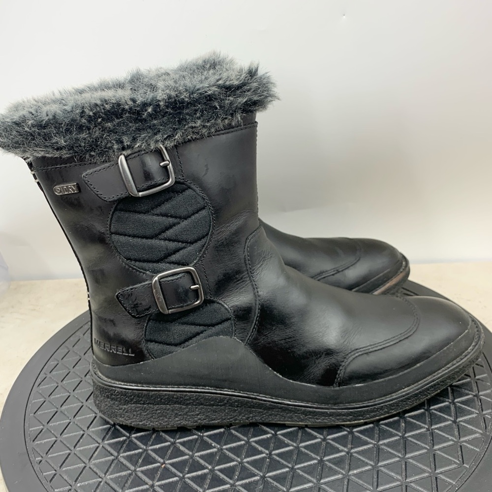 Merrell Boots Women Size‎ 9 Shoes Black Leather Faux Fur Lined Dry Waterproof